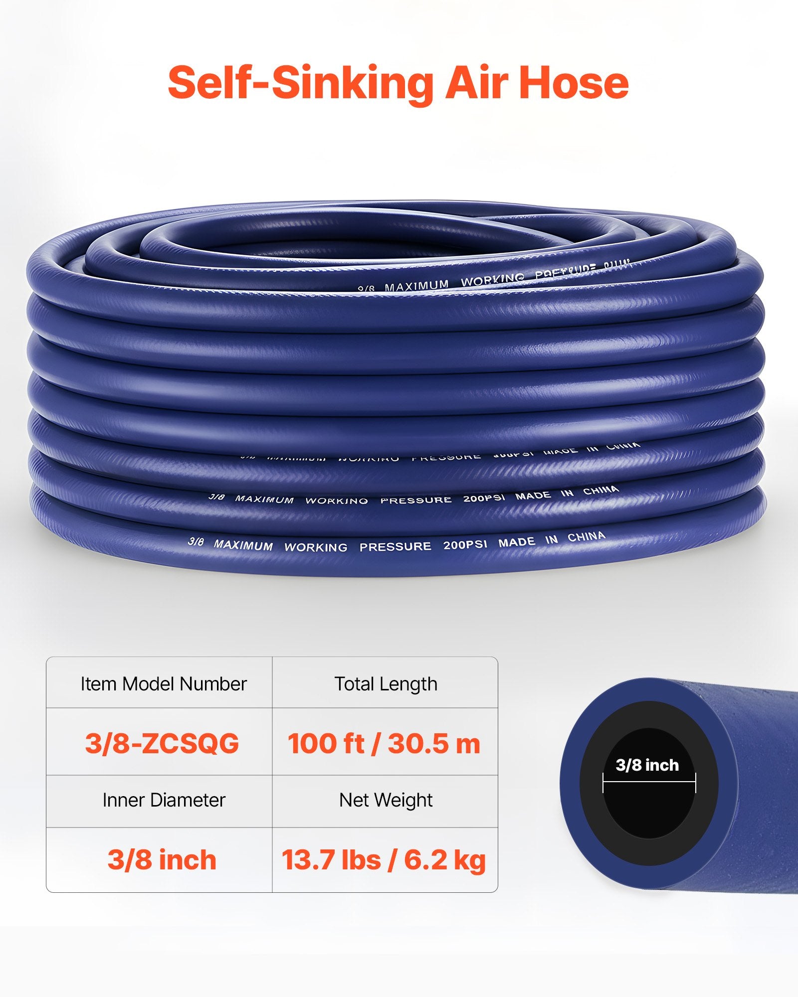 Heavy Duty 3/8" Self-Sinking Aeration Hose, 100 ft Weighted Tubing for Pond, Lake, Water Garden Aerators & Diffusers, Weather & Kink Resistant