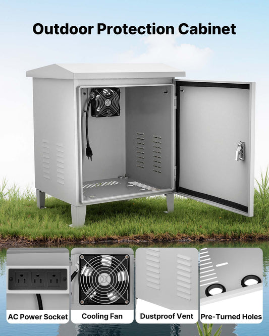 Weatherproof Pond Aerator Cabinet with Cooling Fan, AC Outlet, Carbon Steel Housing for Water Garden Aeration, Fits Most Compressors