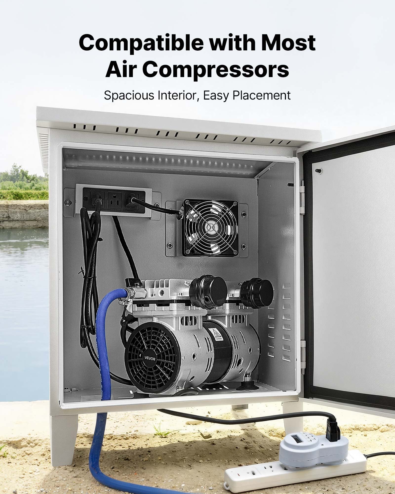 Weatherproof Pond Aerator Cabinet with Cooling Fan, AC Outlet, Carbon Steel Housing for Water Garden Aeration, Fits Most Compressors