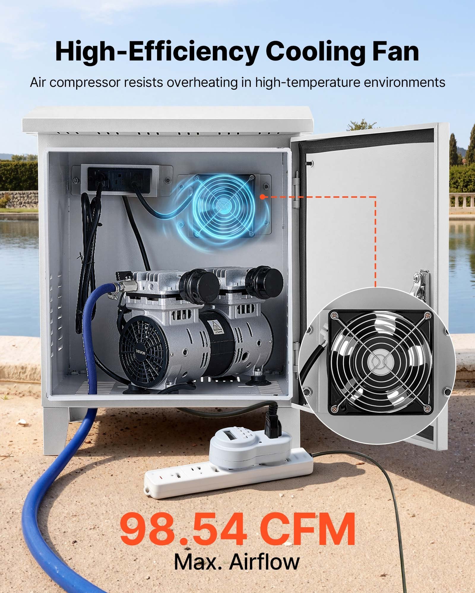 Weatherproof Pond Aerator Cabinet with Cooling Fan, AC Outlet, Carbon Steel Housing for Water Garden Aeration, Fits Most Compressors