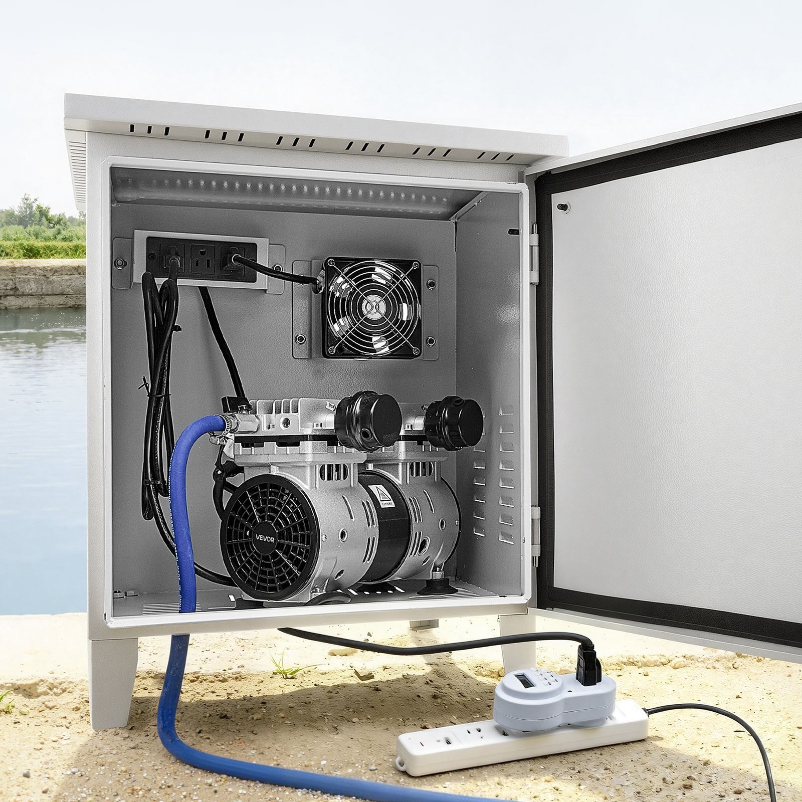 Weatherproof Pond Aerator Cabinet with Cooling Fan, AC Outlet, Carbon Steel Housing for Water Garden Aeration, Fits Most Compressors