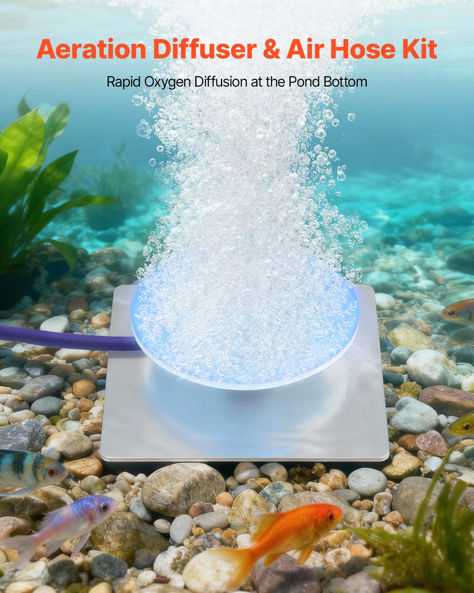 8" Silicone Pond Aerator Kit with 100ft Self-Sinking Hose, Lake Water Gardens Diffuser, Kink-Resistant, Stainless Steel Base