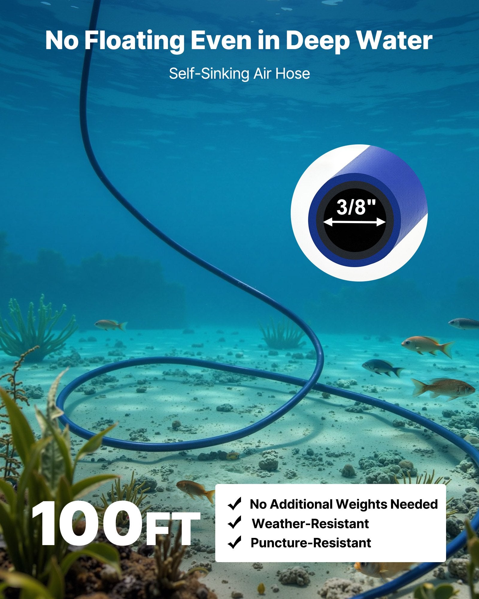 8" Silicone Pond Aerator Kit with 100ft Self-Sinking Hose, Lake Water Gardens Diffuser, Kink-Resistant, Stainless Steel Base