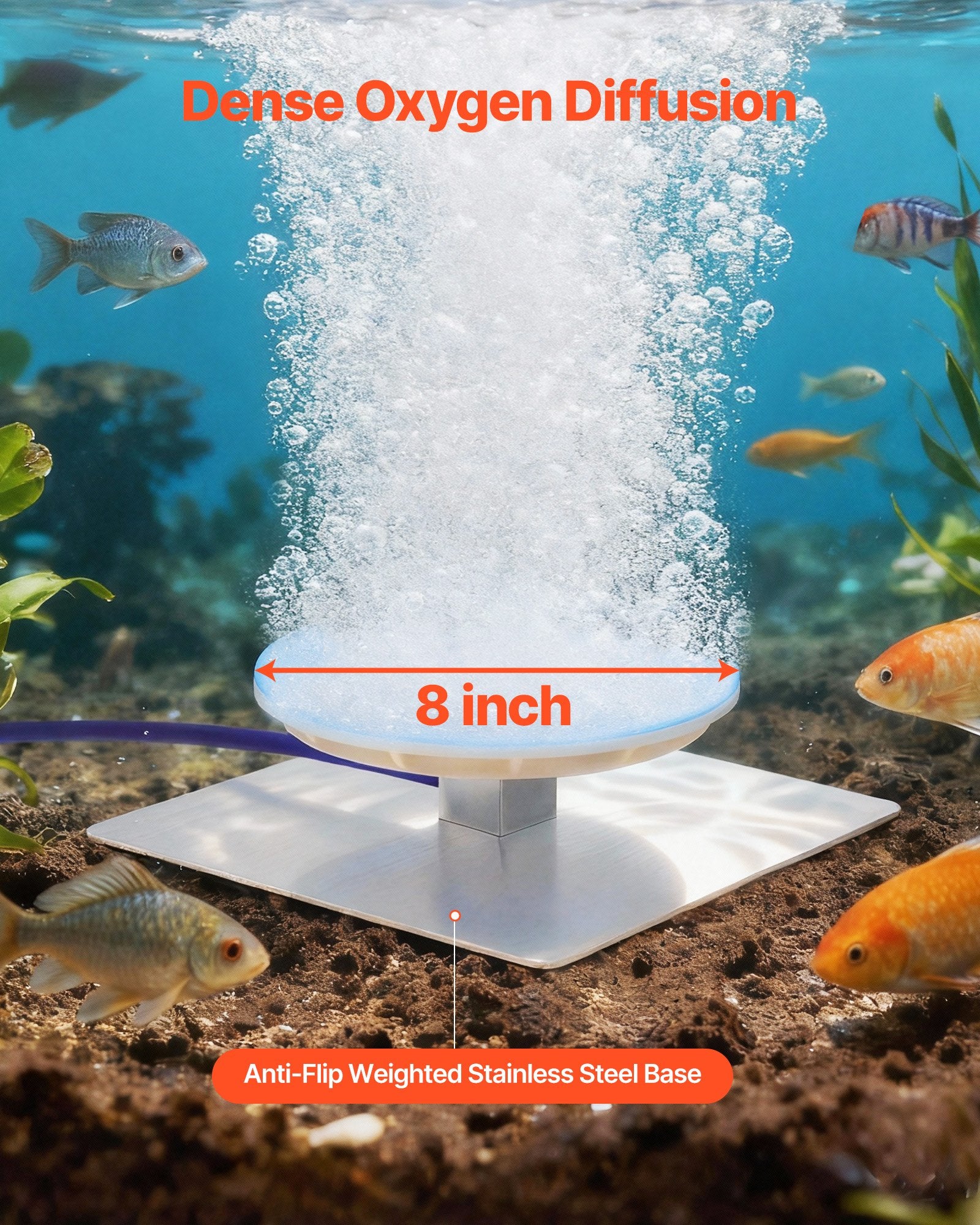 8" Silicone Pond Aerator Kit with 100ft Self-Sinking Hose, Lake Water Gardens Diffuser, Kink-Resistant, Stainless Steel Base