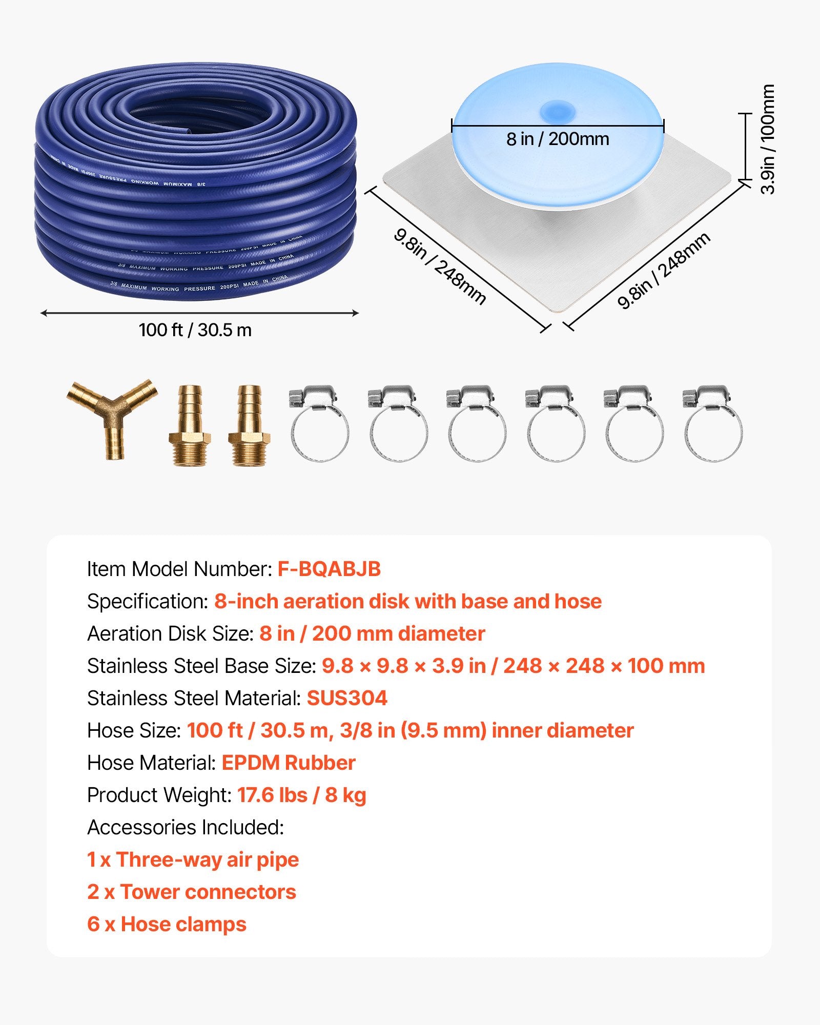 8" Silicone Pond Aerator Kit with 100ft Self-Sinking Hose, Lake Water Gardens Diffuser, Kink-Resistant, Stainless Steel Base