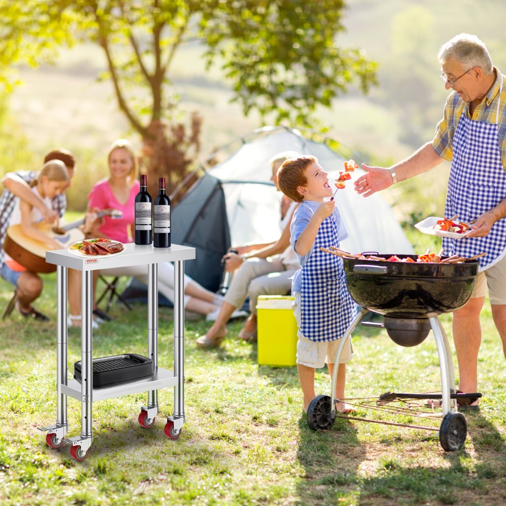 VEVOR 12x24x32 Inch Stainless Steel Catering Work Table, Commercial Work Table with 4 Wheels Commercial Food Prep Workbench with Flexible Adjustment Shelf for Kitchen Prep Table