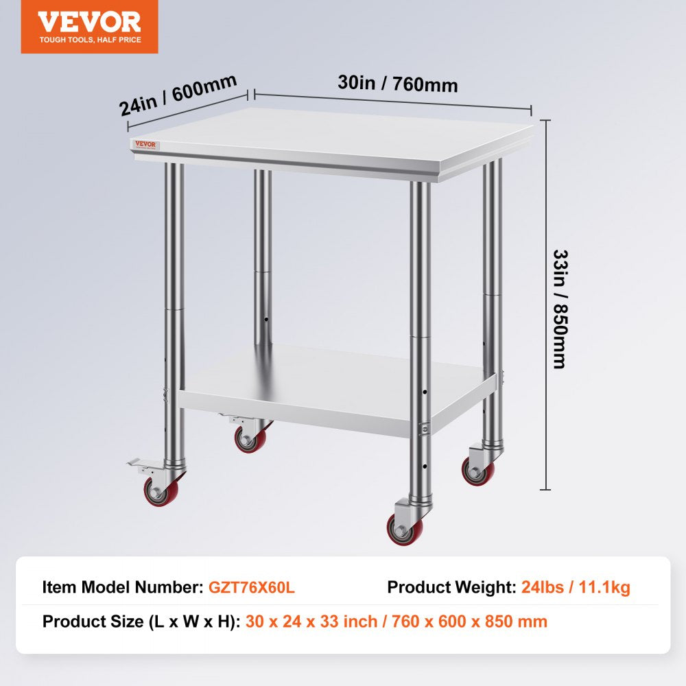Commercial Grade 24 x 30 Stainless Steel Prep Table with Wheels for Restaurant Kitchens and Catering Businesses