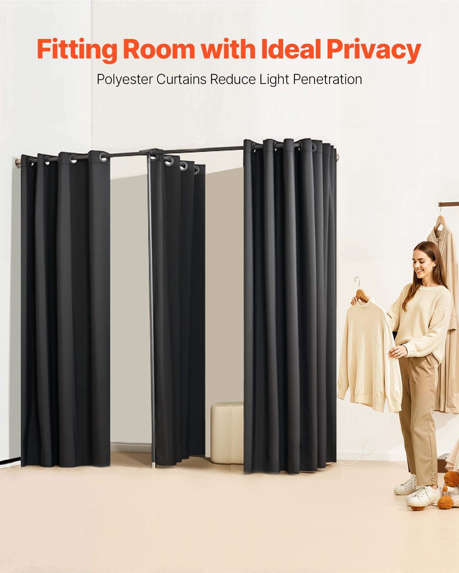 Portable Double Dressing Room with Thick Black Polyester Curtains - Privacy Partition for Boutiques, Malls, Studios, and Tailor Stores, Easy Assembly, 79 x 39 x 79 Inches