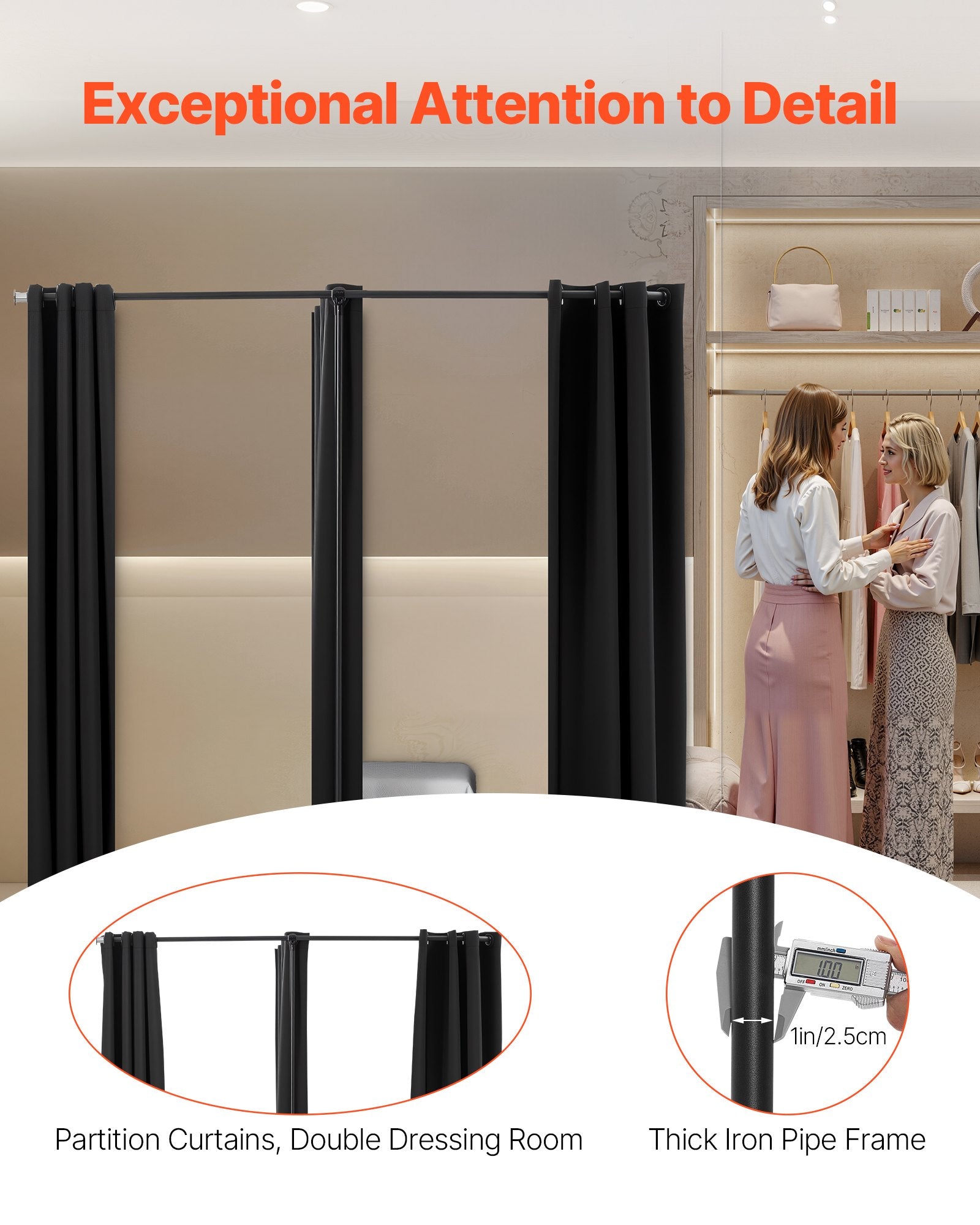 Portable Double Dressing Room with Thick Black Polyester Curtains - Privacy Partition for Boutiques, Malls, Studios, and Tailor Stores, Easy Assembly, 79 x 39 x 79 Inches