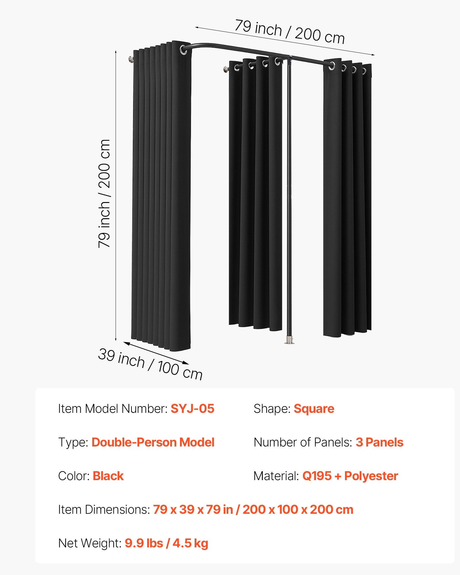 Portable Double Dressing Room with Thick Black Polyester Curtains - Privacy Partition for Boutiques, Malls, Studios, and Tailor Stores, Easy Assembly, 79 x 39 x 79 Inches