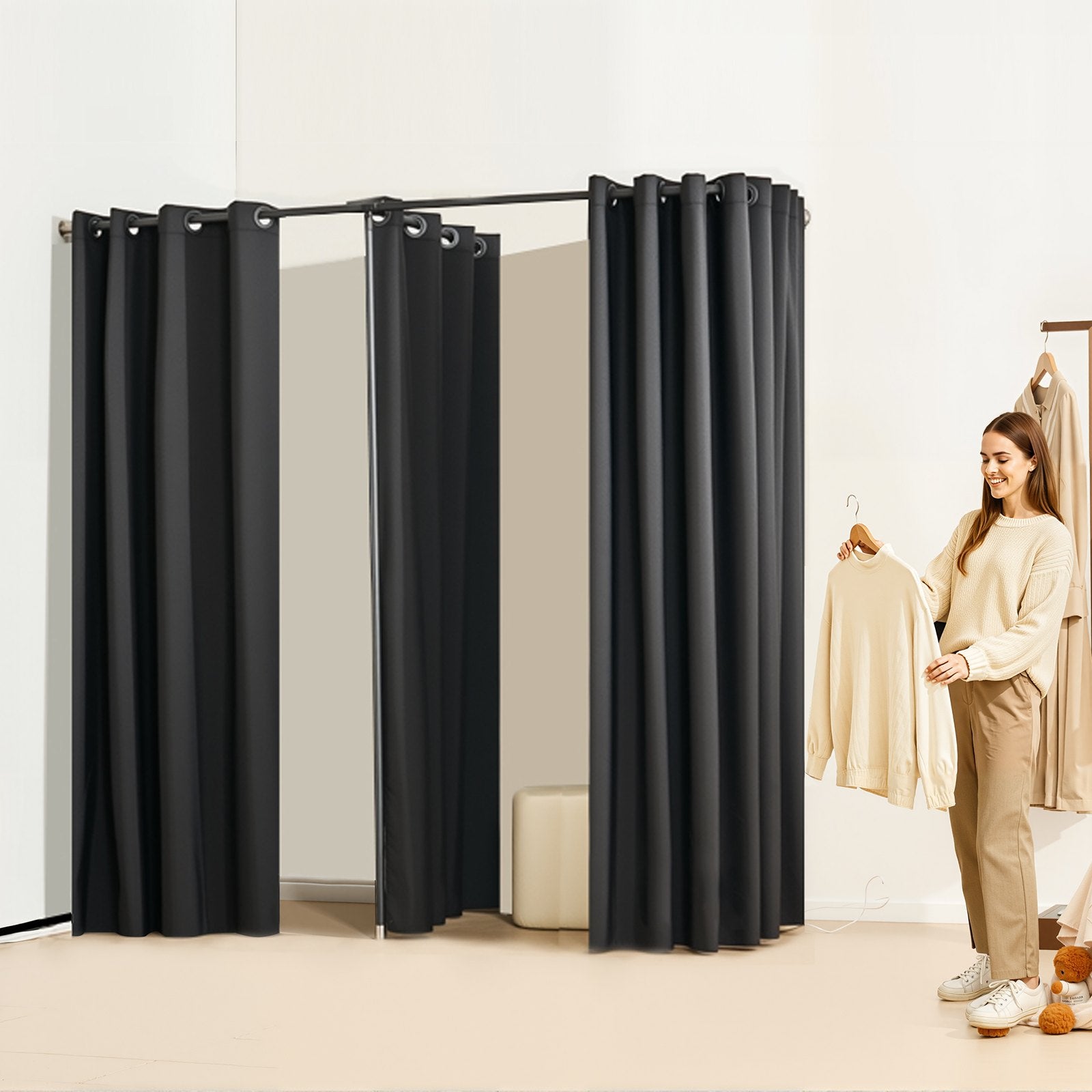 Portable Double Dressing Room with Thick Black Polyester Curtains - Privacy Partition for Boutiques, Malls, Studios, and Tailor Stores, Easy Assembly, 79 x 39 x 79 Inches