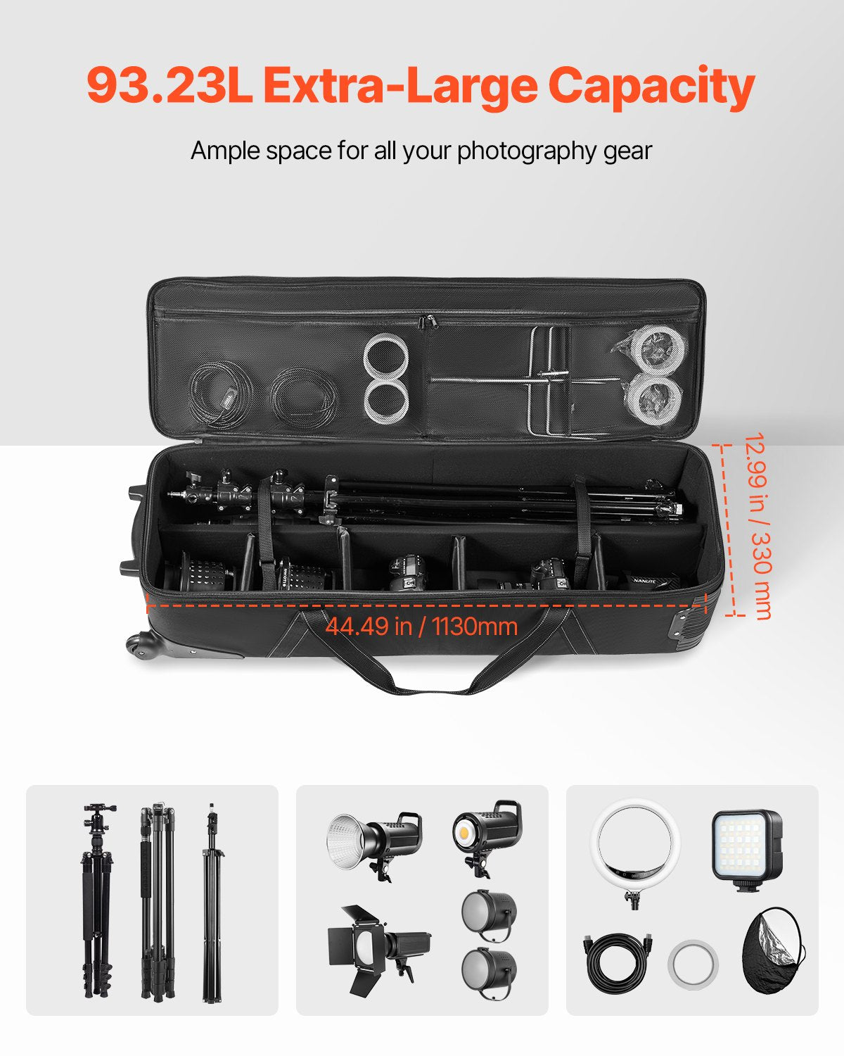 Spacious Studio Equipment Trolley Case with Wheels and Padded Compartments for Light Stands, Tripods, Telescopes – 93.23L Capacity, Secure Mobility