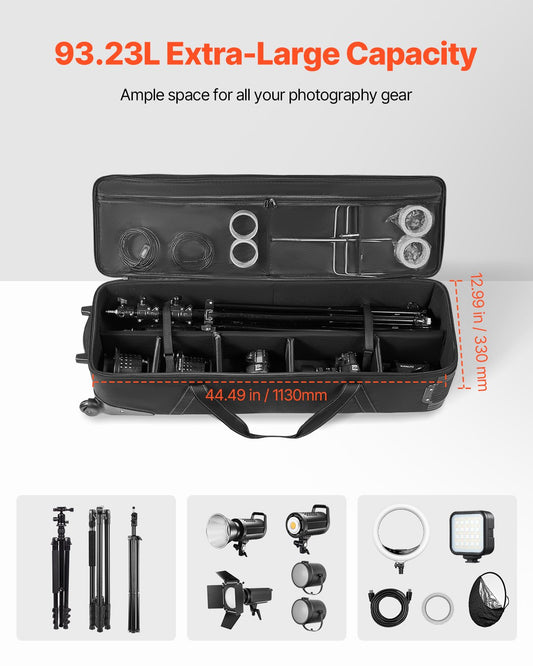 Spacious Studio Equipment Trolley Case with Wheels and Padded Compartments for Light Stands, Tripods, Telescopes – 93.23L Capacity, Secure Mobility