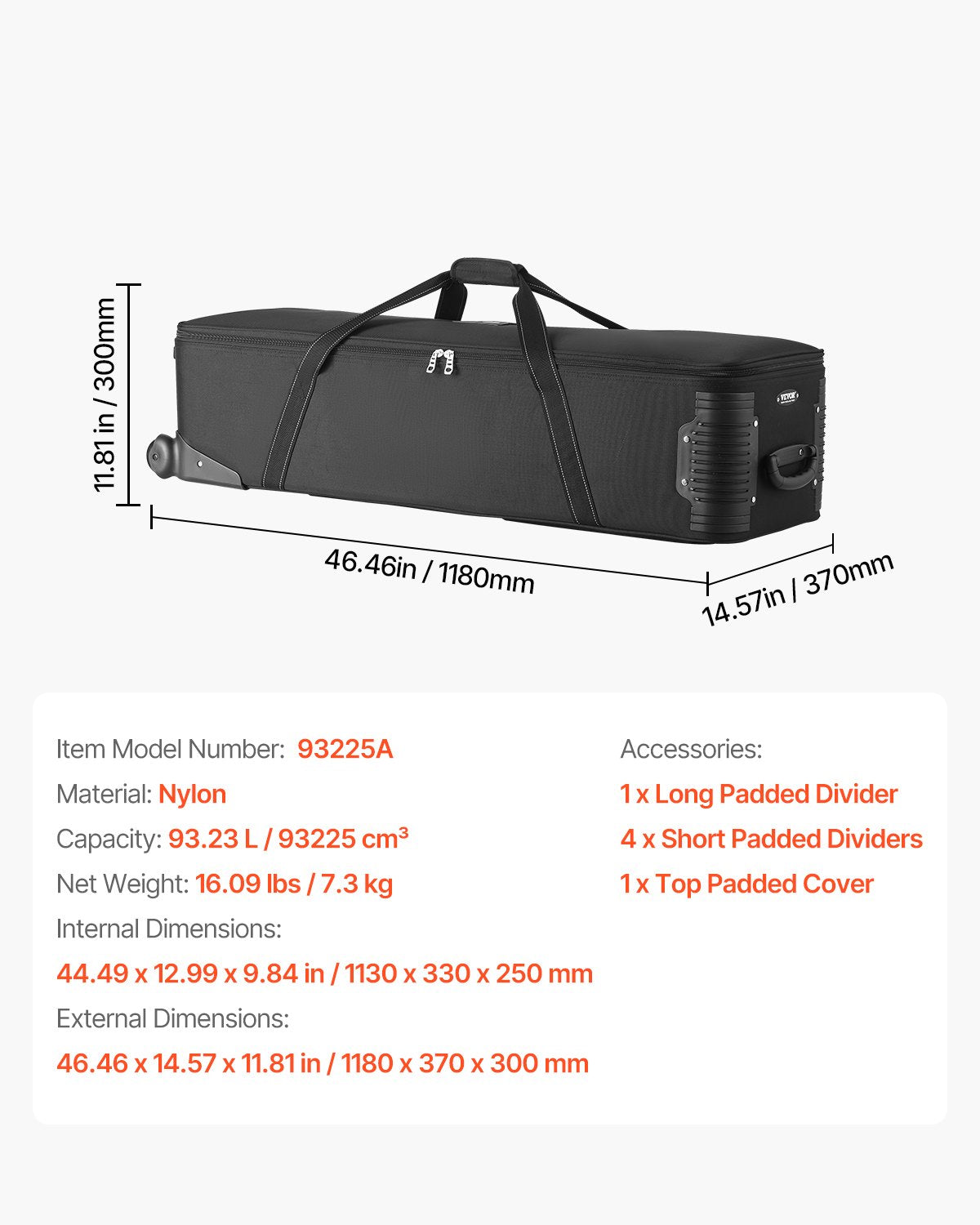 Spacious Studio Equipment Trolley Case with Wheels and Padded Compartments for Light Stands, Tripods, Telescopes – 93.23L Capacity, Secure Mobility