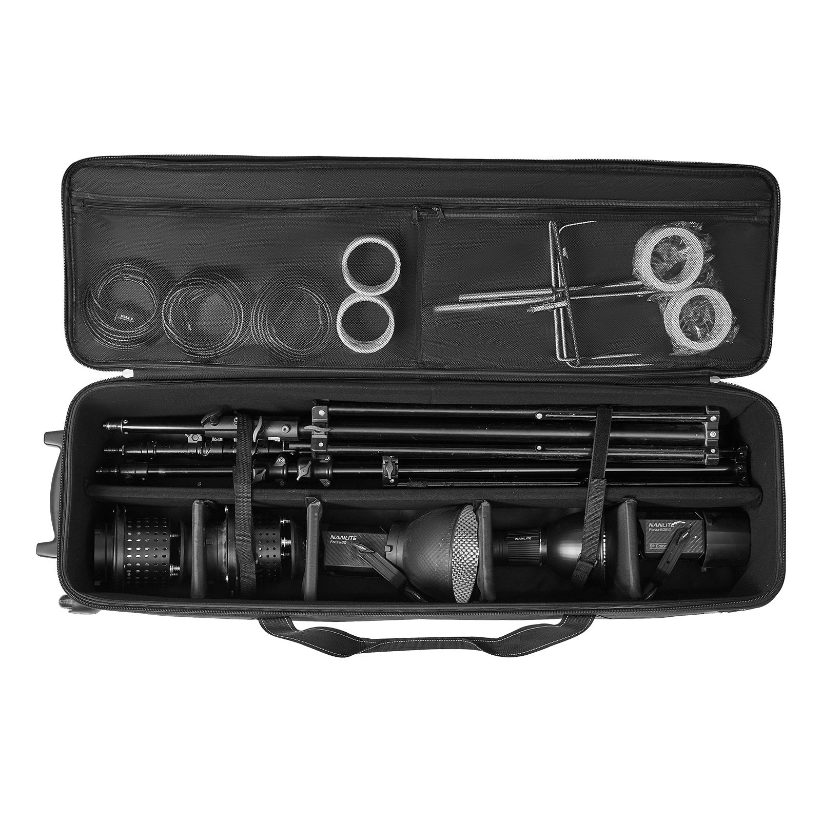Spacious Studio Equipment Trolley Case with Wheels and Padded Compartments for Light Stands, Tripods, Telescopes – 93.23L Capacity, Secure Mobility