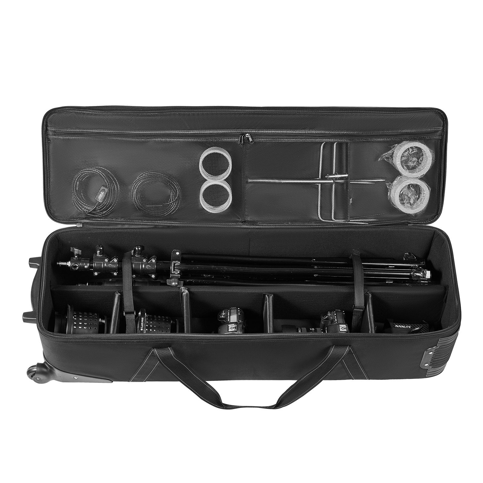 Spacious Studio Equipment Trolley Case with Wheels and Padded Compartments for Light Stands, Tripods, Telescopes – 93.23L Capacity, Secure Mobility