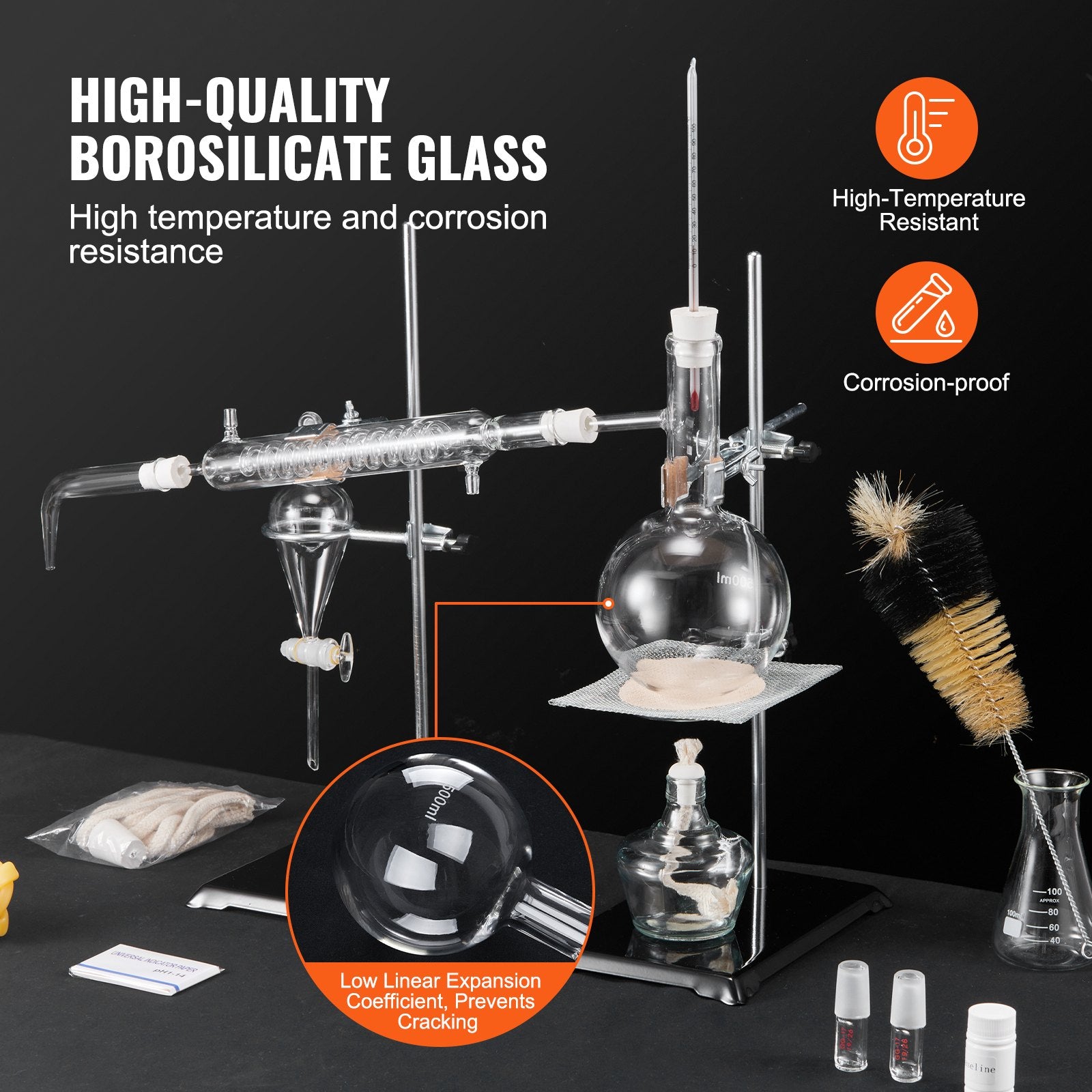 500ml Essential Oil Distillation Kit with 3.3 Boro Glass, Alcohol Lamp, Ceramic Mesh, 24/40 Joint, 28-Piece Lab Apparatus Set for Professional Use