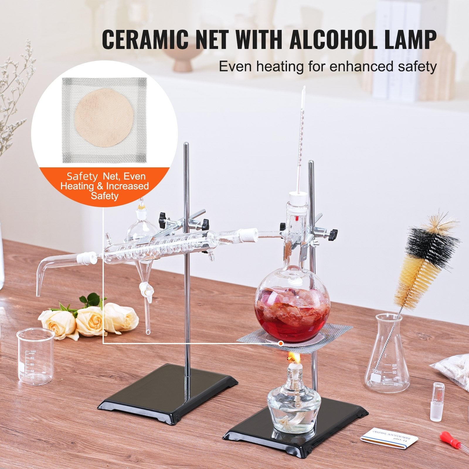 500ml Essential Oil Distillation Kit with 3.3 Boro Glass, Alcohol Lamp, Ceramic Mesh, 24/40 Joint, 28-Piece Lab Apparatus Set for Professional Use
