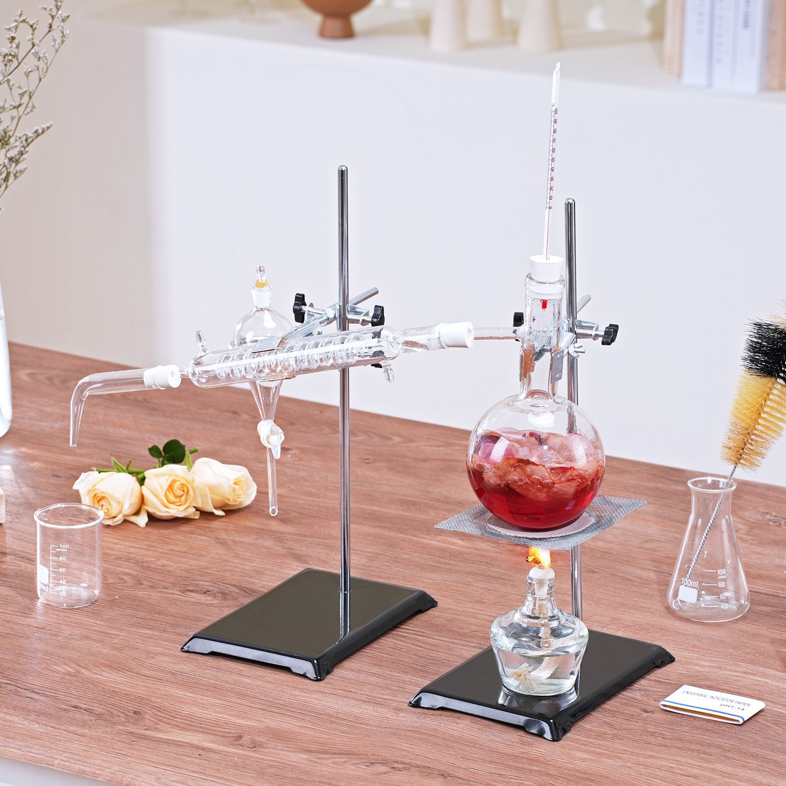 500ml Essential Oil Distillation Kit with 3.3 Boro Glass, Alcohol Lamp, Ceramic Mesh, 24/40 Joint, 28-Piece Lab Apparatus Set for Professional Use