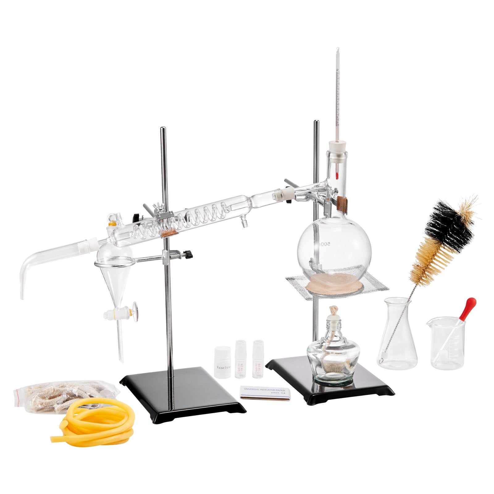 500ml Essential Oil Distillation Kit with 3.3 Boro Glass, Alcohol Lamp, Ceramic Mesh, 24/40 Joint, 28-Piece Lab Apparatus Set for Professional Use