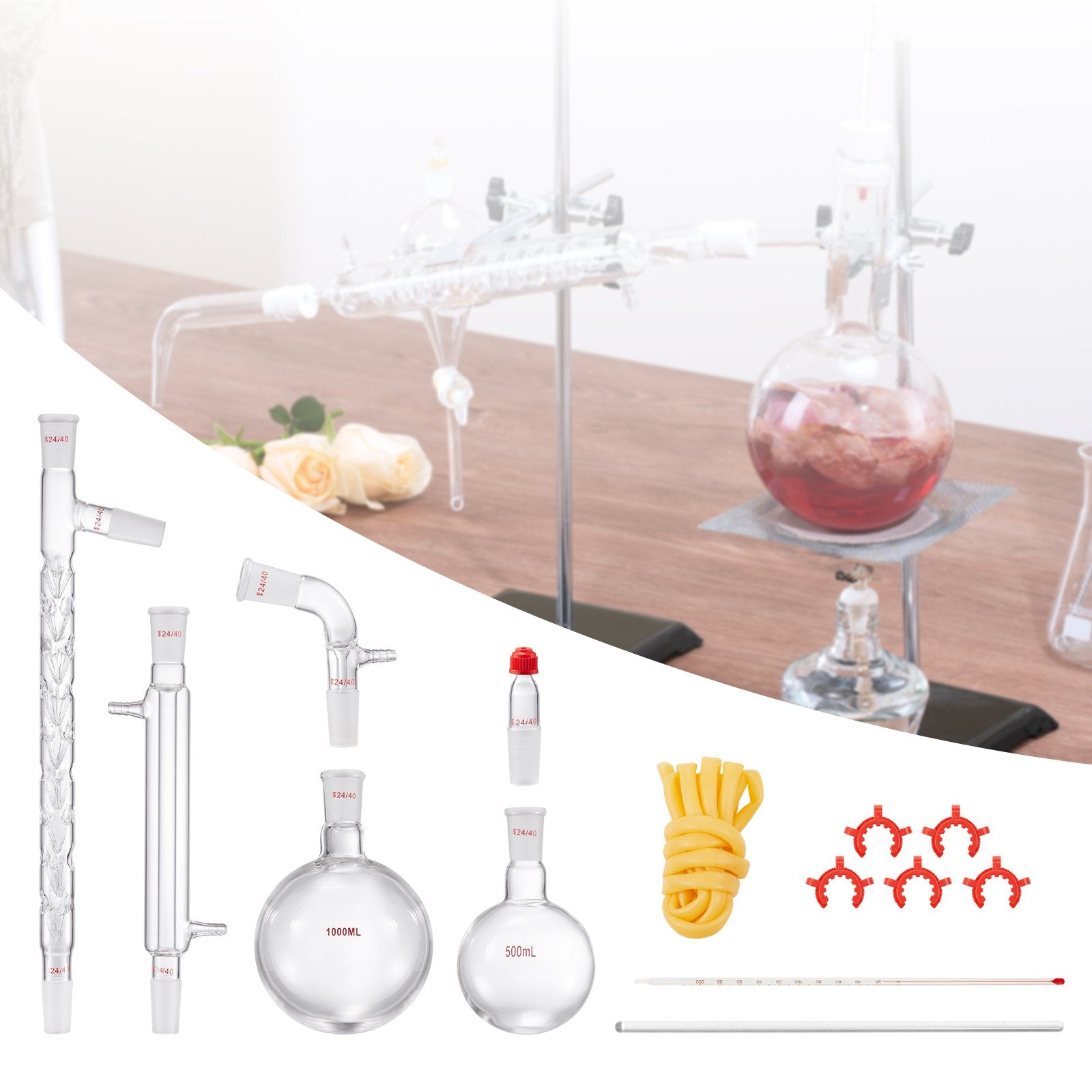 Advanced 3.3 Boro Lab Glassware Distillation Kit - 1000ml Essential Oil Apparatus, 14-Piece Set with 24/40 Joint for Efficient Fractionation and Versatile Lab Use