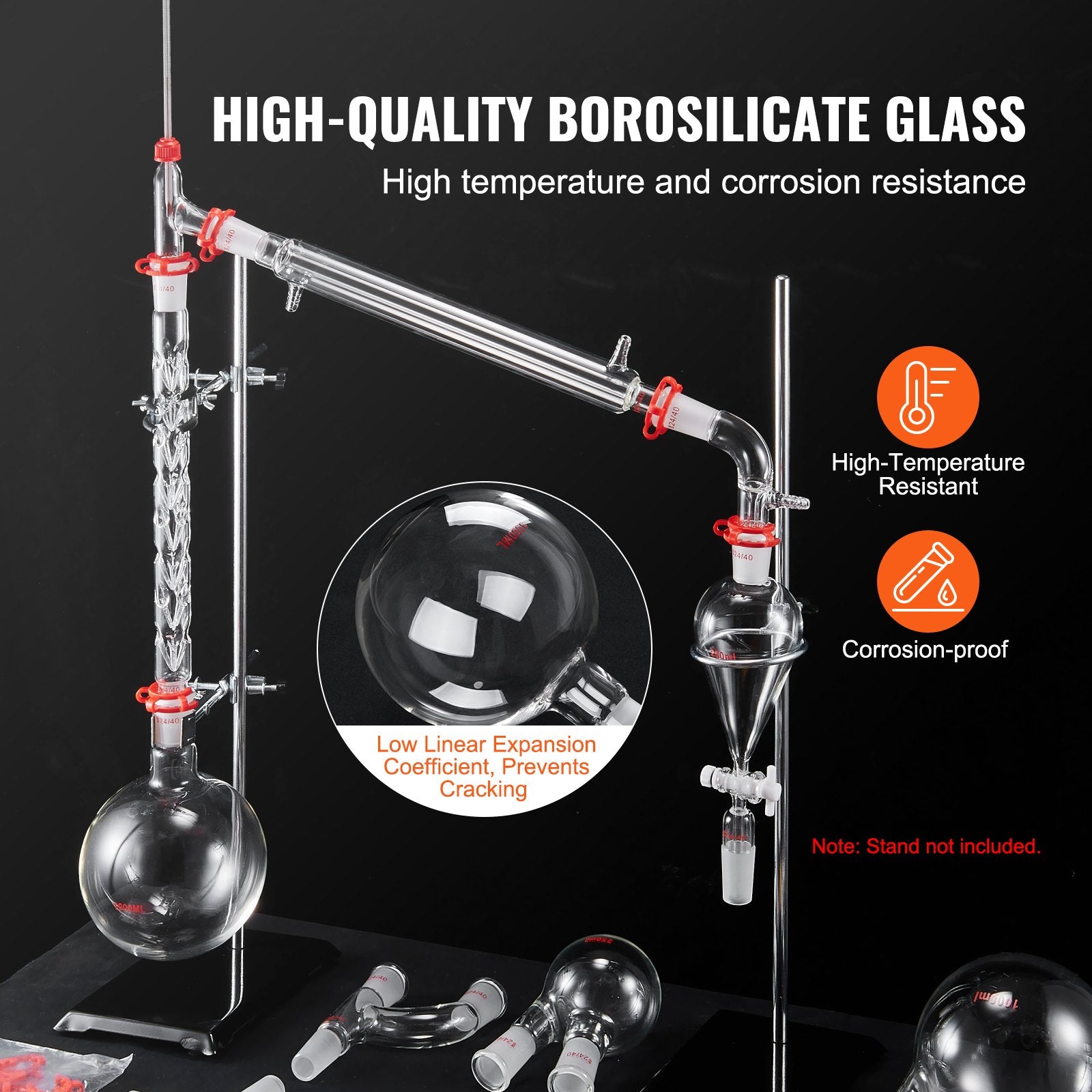 Comprehensive 29-Piece Lab Distillation Kit with 3.3 Boro Glass, 1000ml Capacity, 24/40 Joints for Essential Oil & Reflux Experiments
