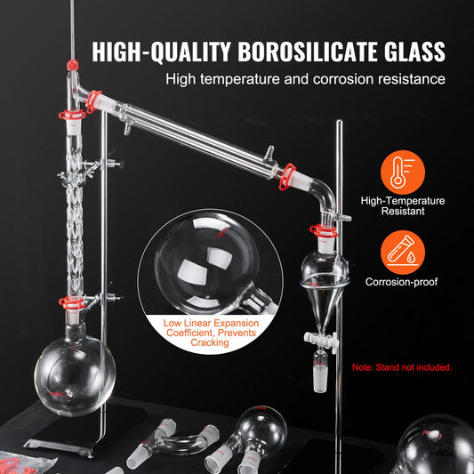 Comprehensive 29-Piece Lab Distillation Kit with 3.3 Boro Glass, 1000ml Capacity, 24/40 Joints for Essential Oil & Reflux Experiments