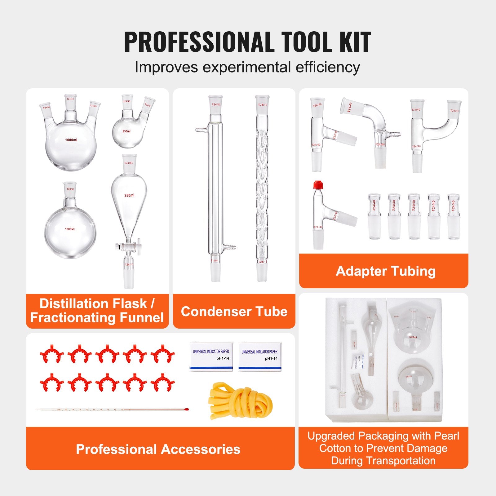 Comprehensive 29-Piece Lab Distillation Kit with 3.3 Boro Glass, 1000ml Capacity, 24/40 Joints for Essential Oil & Reflux Experiments