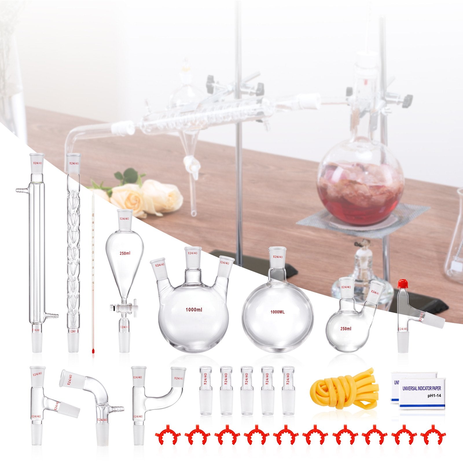 Comprehensive 29-Piece Lab Distillation Kit with 3.3 Boro Glass, 1000ml Capacity, 24/40 Joints for Essential Oil & Reflux Experiments
