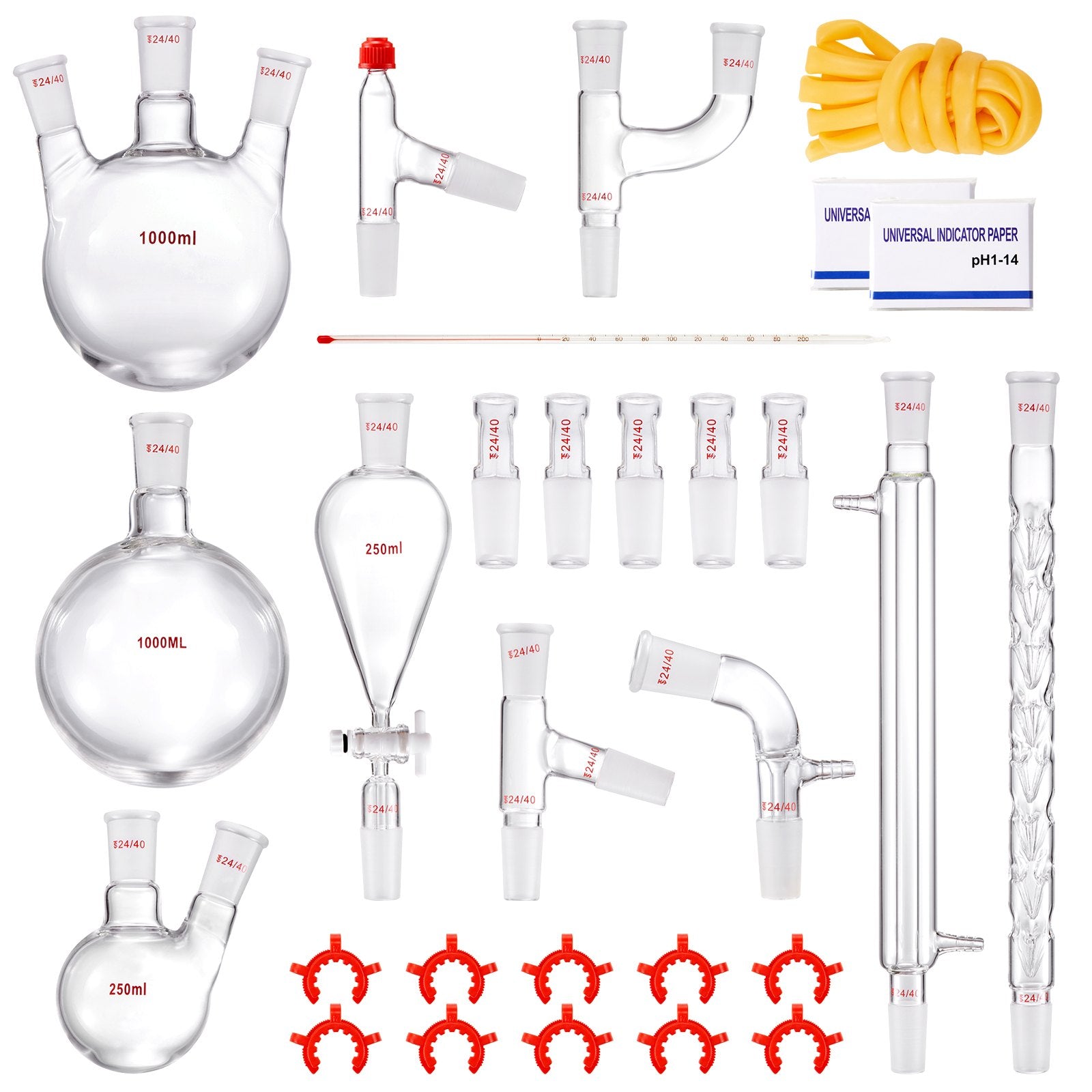Comprehensive 29-Piece Lab Distillation Kit with 3.3 Boro Glass, 1000ml Capacity, 24/40 Joints for Essential Oil & Reflux Experiments