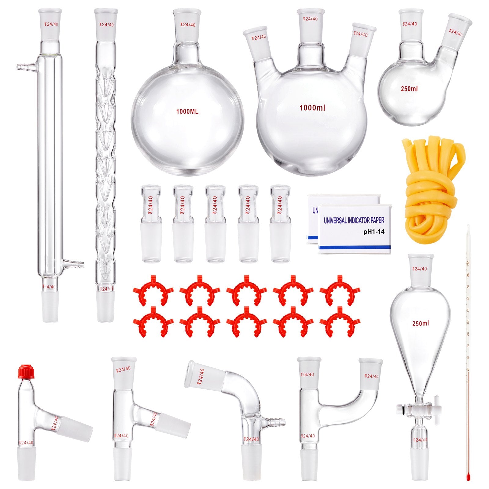 Comprehensive 29-Piece Lab Distillation Kit with 3.3 Boro Glass, 1000ml Capacity, 24/40 Joints for Essential Oil & Reflux Experiments