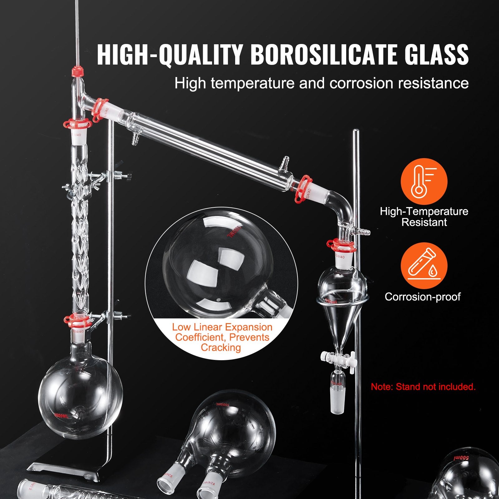 Comprehensive 3.3 Boro Lab Glassware Distillation Kit, 24/40 Joint, 1000ml Capacity, Essential Oil Apparatus, 32-Piece Set for Reflux & Fractionation
