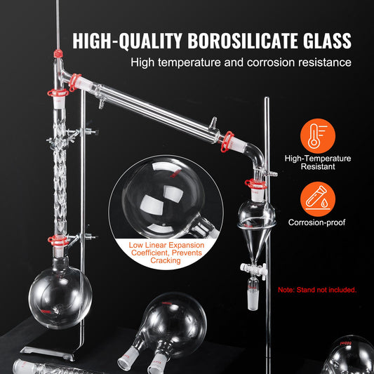 Comprehensive 3.3 Boro Lab Glassware Distillation Kit, 24/40 Joint, 1000ml Capacity, Essential Oil Apparatus, 32-Piece Set for Reflux & Fractionation