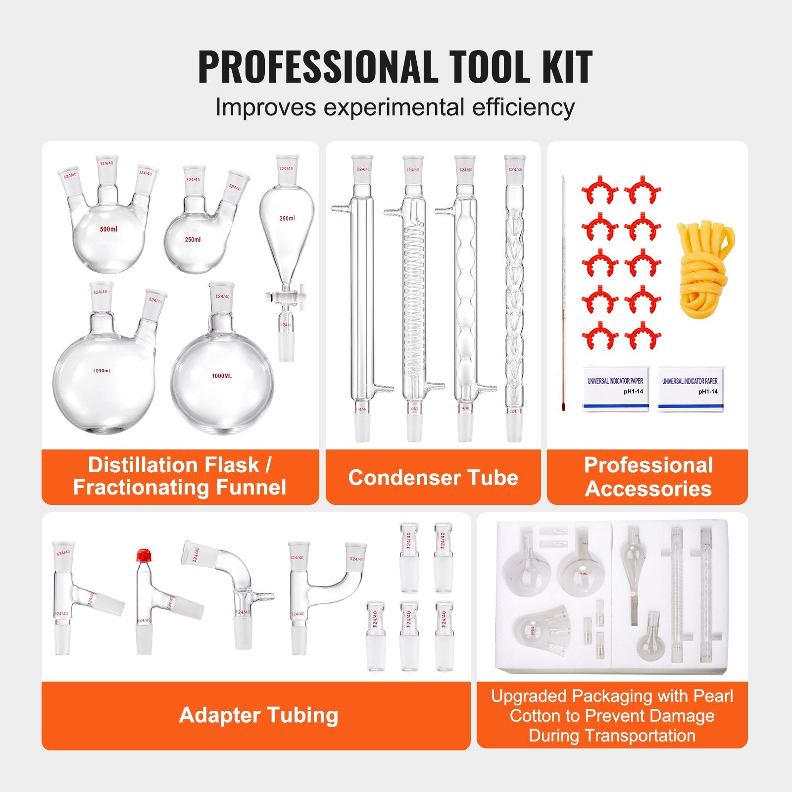 Comprehensive 3.3 Boro Lab Glassware Distillation Kit, 24/40 Joint, 1000ml Capacity, Essential Oil Apparatus, 32-Piece Set for Reflux & Fractionation