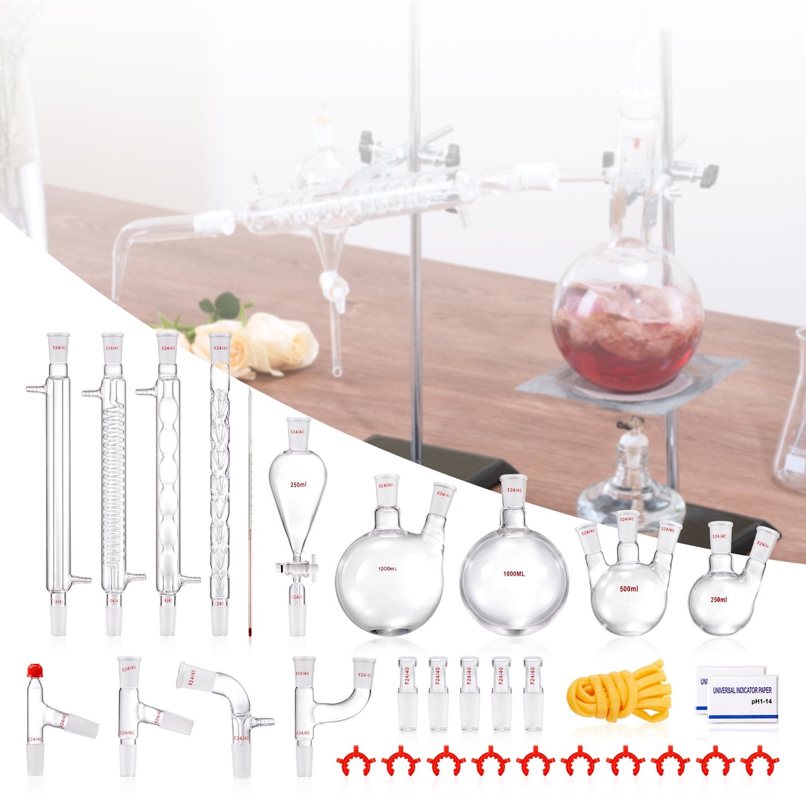 Comprehensive 3.3 Boro Lab Glassware Distillation Kit, 24/40 Joint, 1000ml Capacity, Essential Oil Apparatus, 32-Piece Set for Reflux & Fractionation