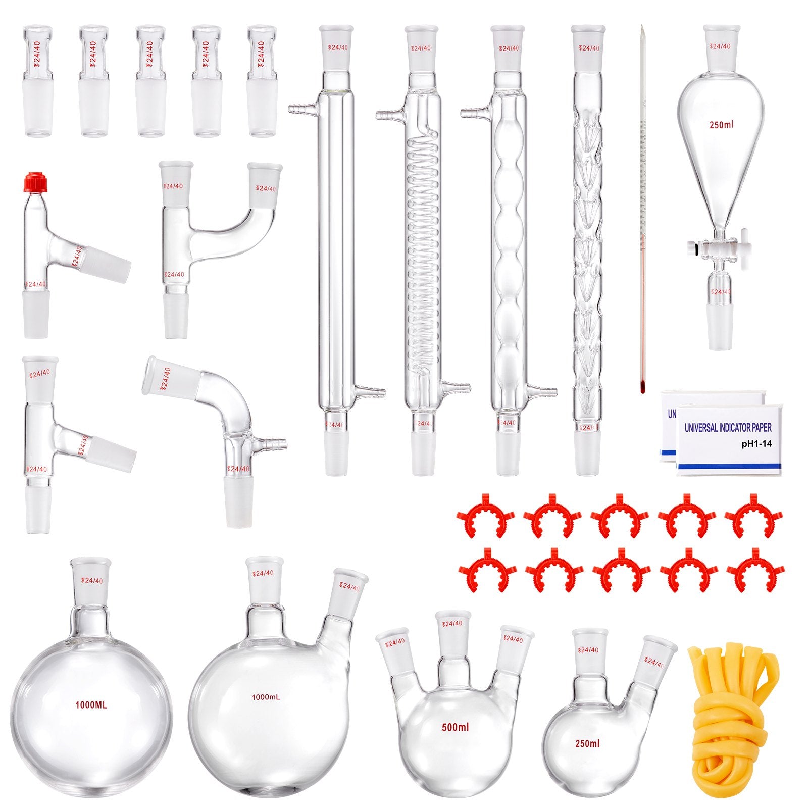 Comprehensive 3.3 Boro Lab Glassware Distillation Kit, 24/40 Joint, 1000ml Capacity, Essential Oil Apparatus, 32-Piece Set for Reflux & Fractionation