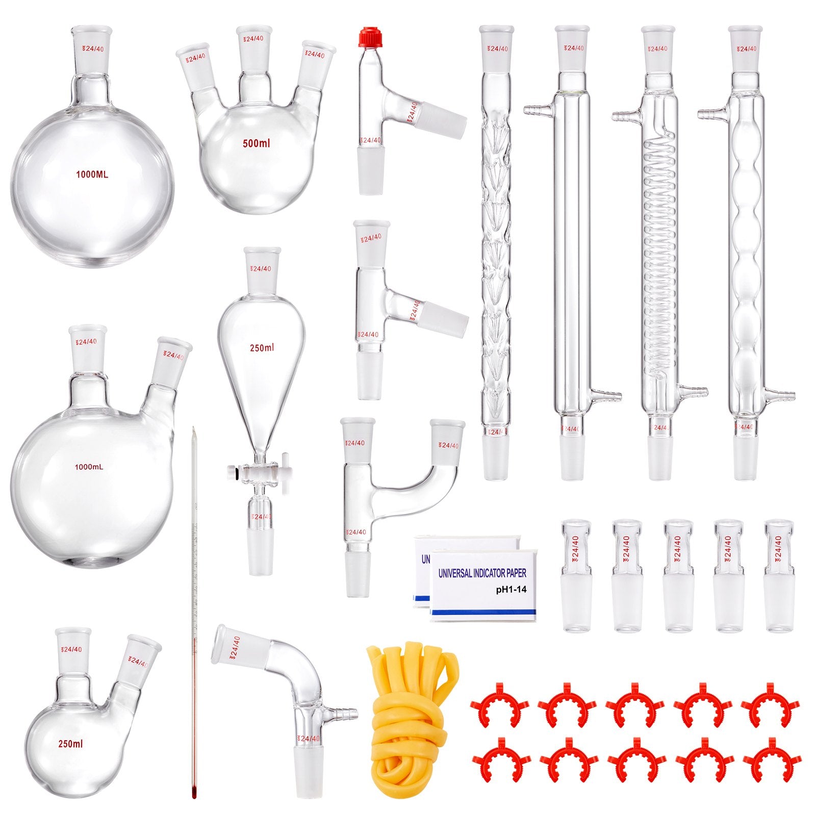 Comprehensive 3.3 Boro Lab Glassware Distillation Kit, 24/40 Joint, 1000ml Capacity, Essential Oil Apparatus, 32-Piece Set for Reflux & Fractionation