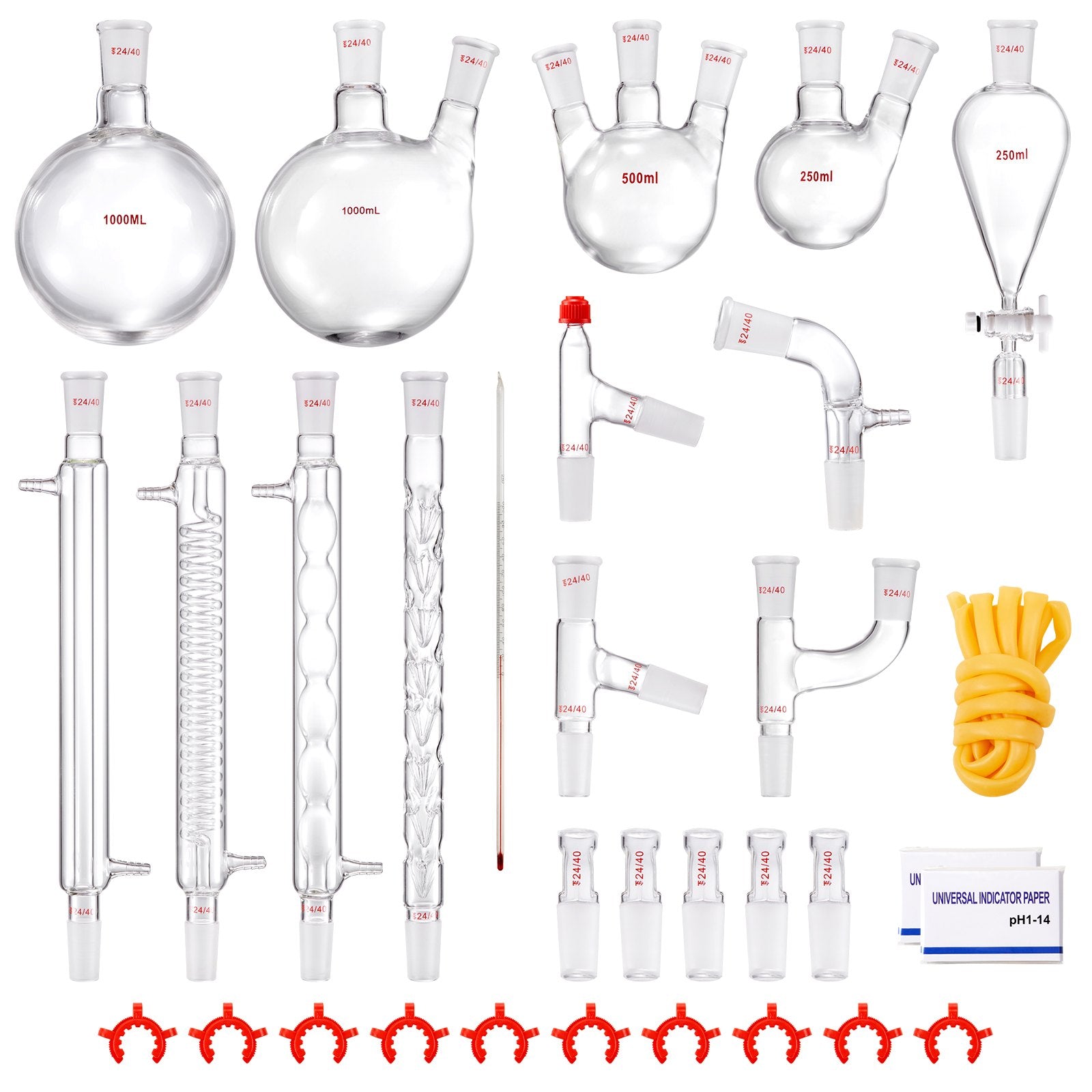 Comprehensive 3.3 Boro Lab Glassware Distillation Kit, 24/40 Joint, 1000ml Capacity, Essential Oil Apparatus, 32-Piece Set for Reflux & Fractionation