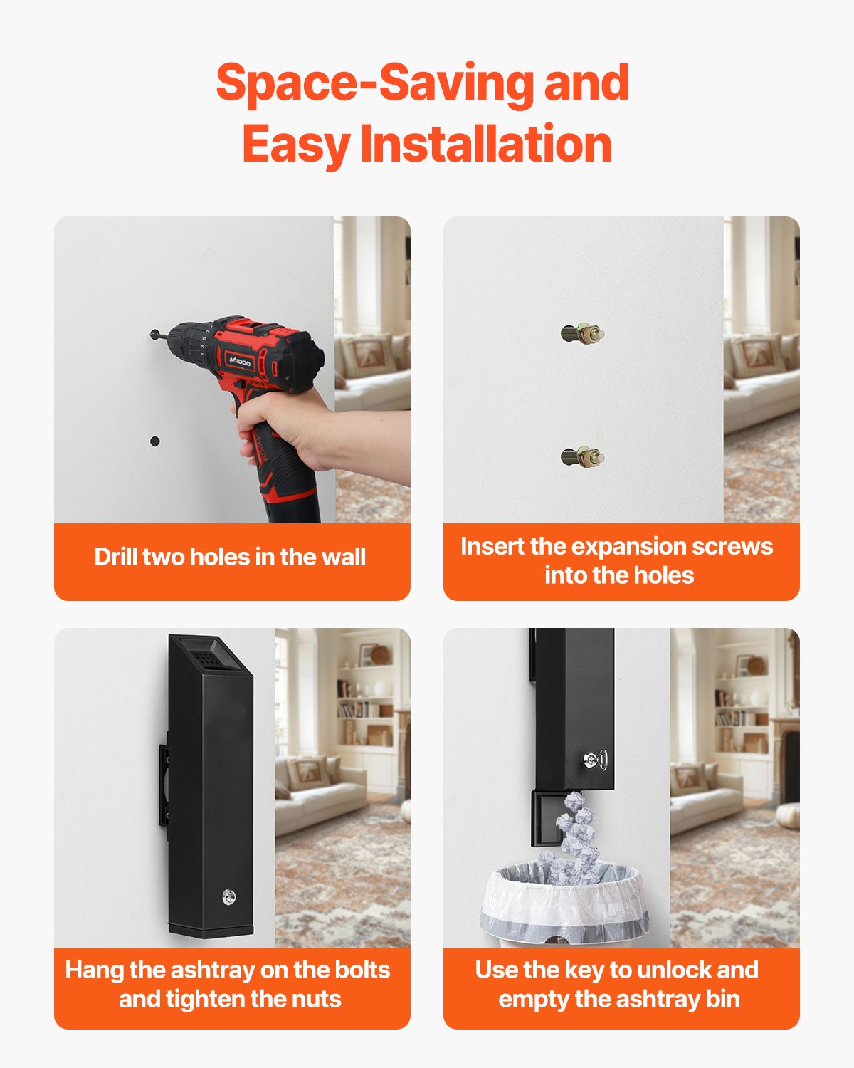 Sleek Black Stainless Steel Wall-Mounted Cigarette Butt Receptacle for Outdoor Use - Weatherproof, Durable, Easy to Clean, Ideal for Garden, Office, Restaurant, Hotel, Bar