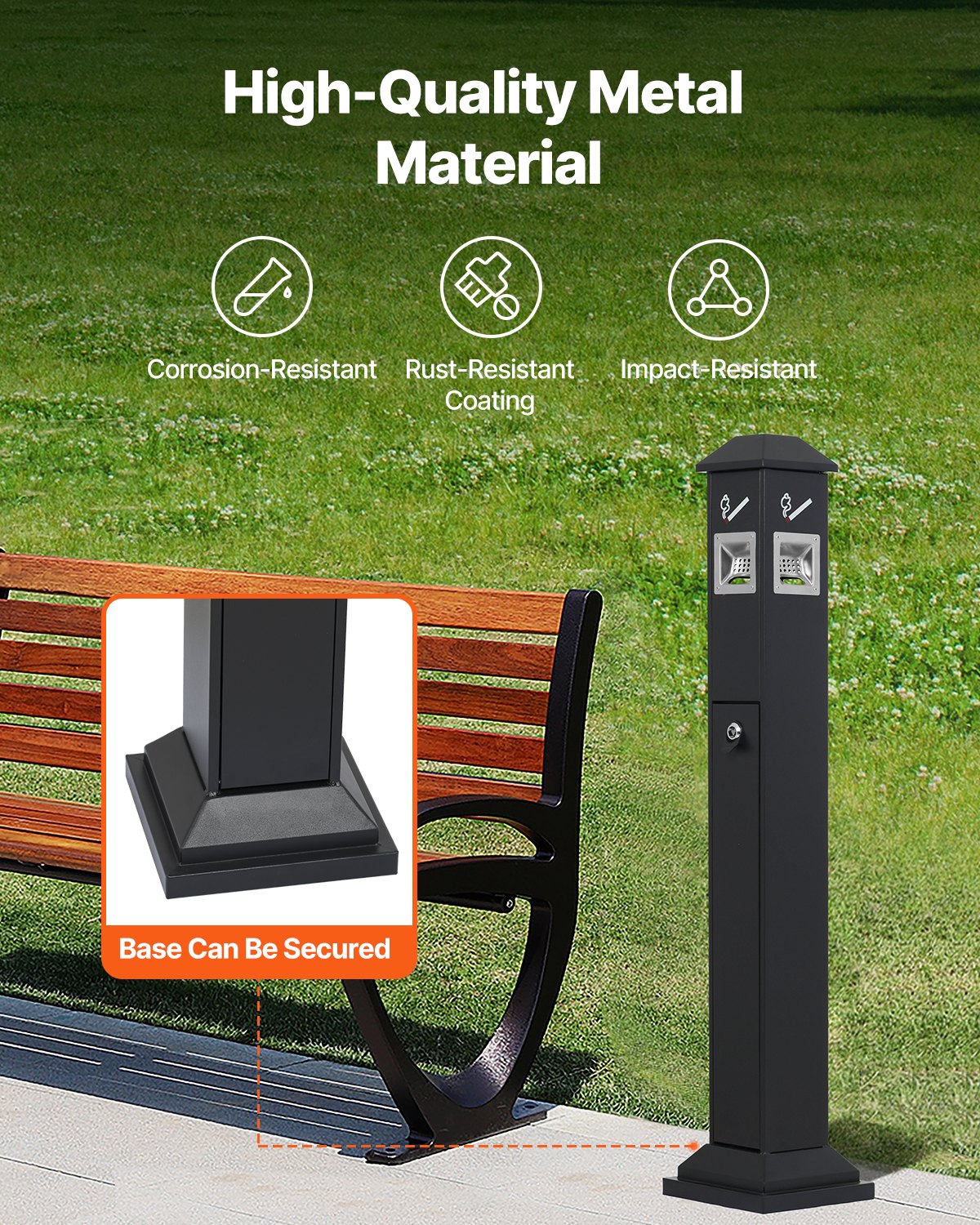 Weatherproof Cigarette Butt Receptacle - Durable Black Container with 4 Openings, Top Cover, Freestanding for Garden, Office, Restaurant, Hotel Use