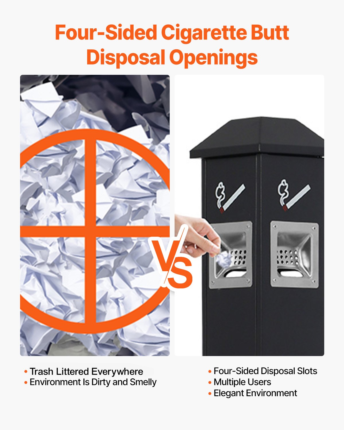 Weatherproof Cigarette Butt Receptacle - Durable Black Container with 4 Openings, Top Cover, Freestanding for Garden, Office, Restaurant, Hotel Use