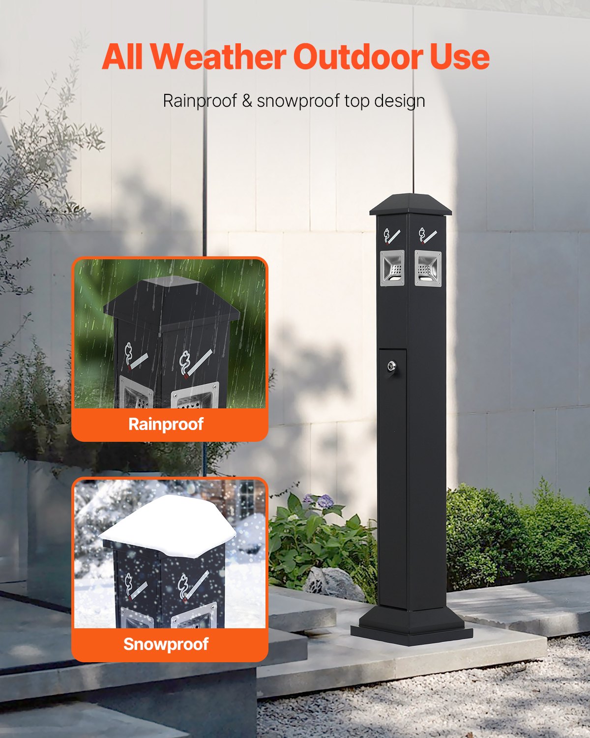 Weatherproof Cigarette Butt Receptacle - Durable Black Container with 4 Openings, Top Cover, Freestanding for Garden, Office, Restaurant, Hotel Use