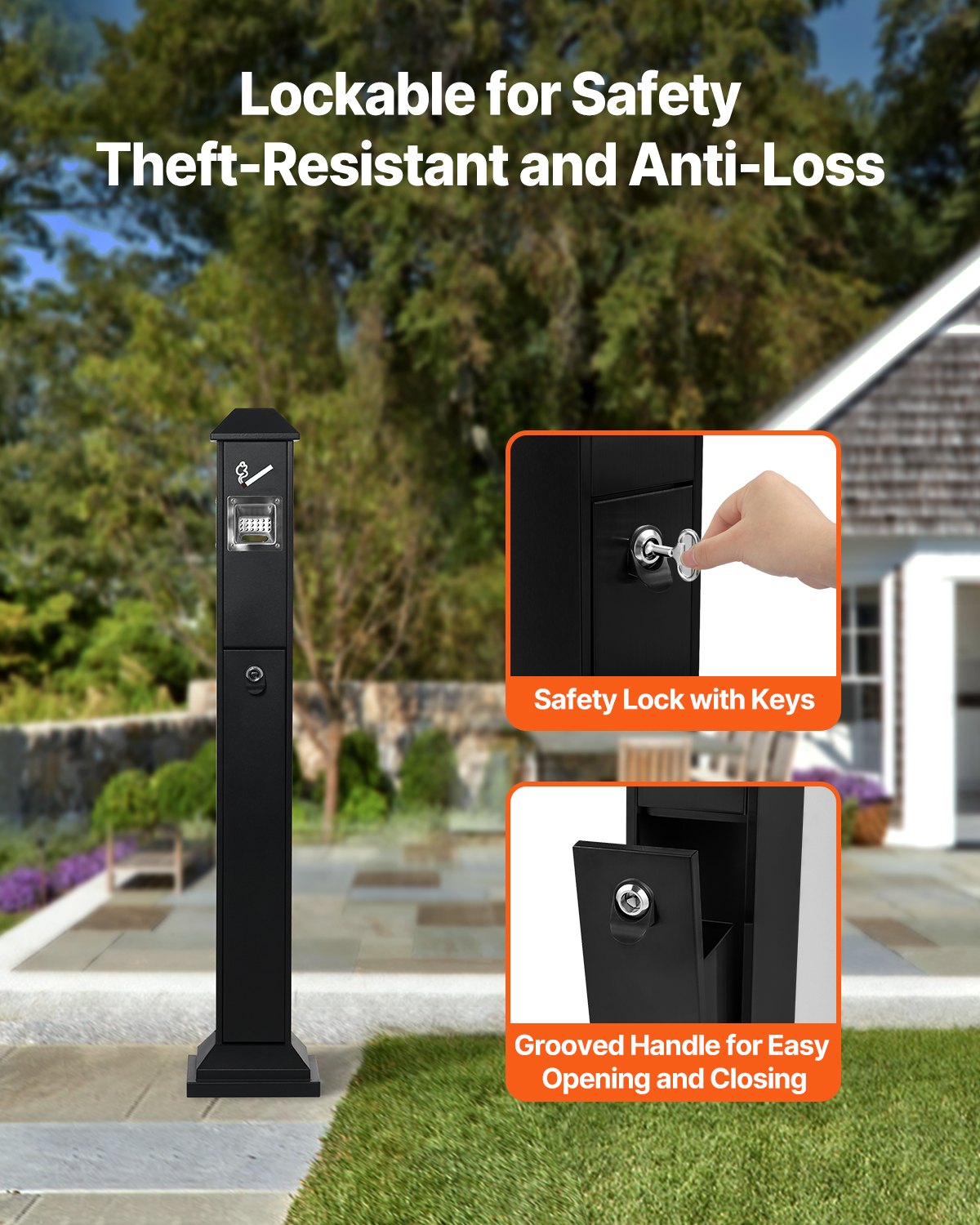 Weatherproof Cigarette Butt Receptacle - Durable Black Container with 4 Openings, Top Cover, Freestanding for Garden, Office, Restaurant, Hotel Use