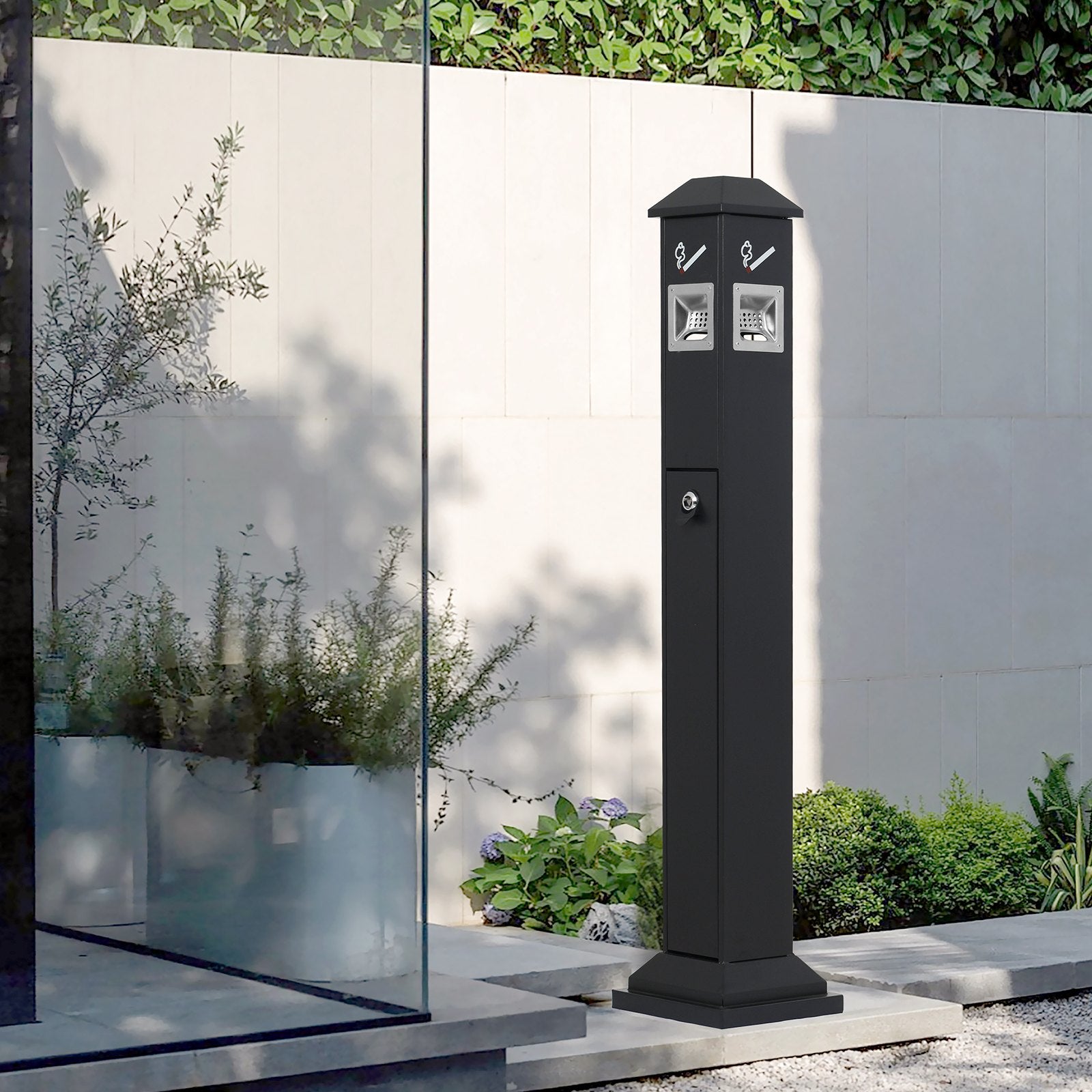 Weatherproof Cigarette Butt Receptacle - Durable Black Container with 4 Openings, Top Cover, Freestanding for Garden, Office, Restaurant, Hotel Use