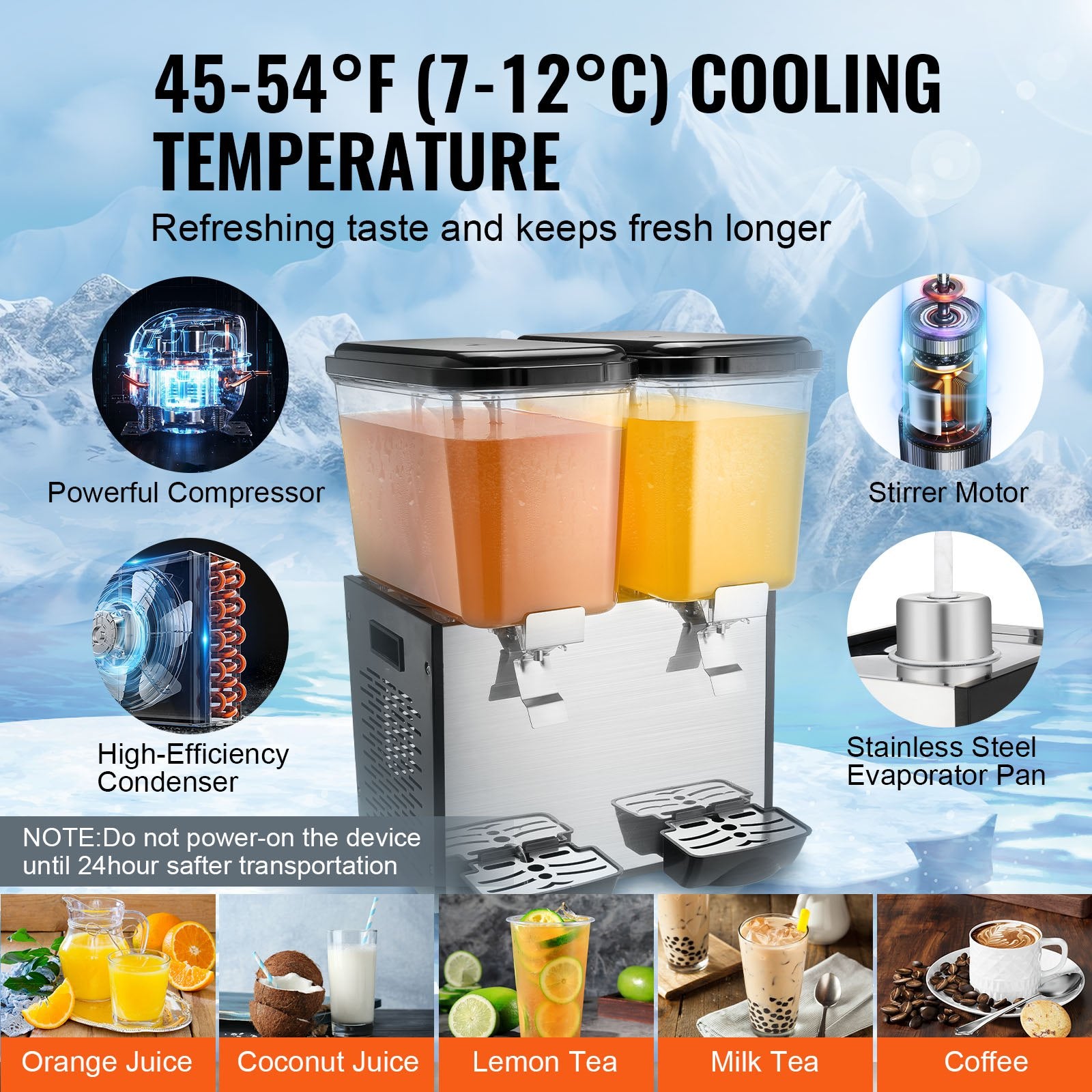 Dual-Tank 36L Commercial Beverage Dispenser - Efficient 370W Juice & Ice Tea Machine for Bars, Parties, Restaurants, Stainless Steel Design
