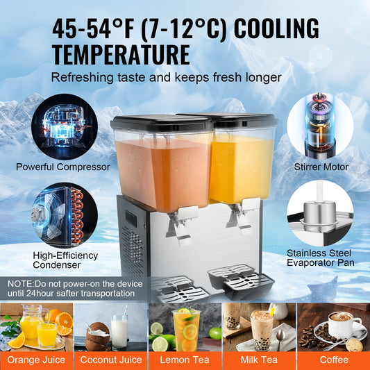 Dual-Tank 36L Commercial Beverage Dispenser - Efficient 370W Juice & Ice Tea Machine for Bars, Parties, Restaurants, Stainless Steel Design