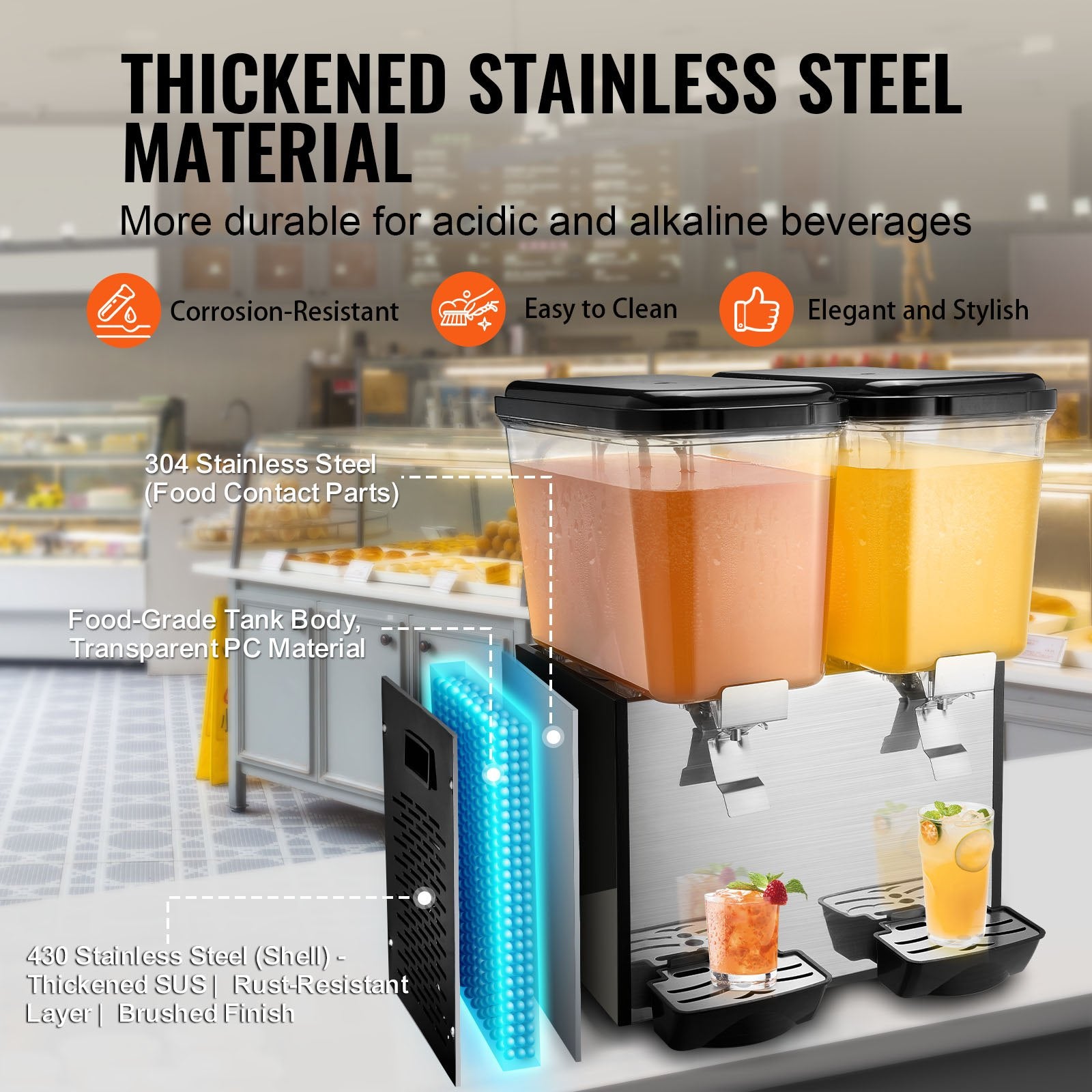 Dual-Tank 36L Commercial Beverage Dispenser - Efficient 370W Juice & Ice Tea Machine for Bars, Parties, Restaurants, Stainless Steel Design