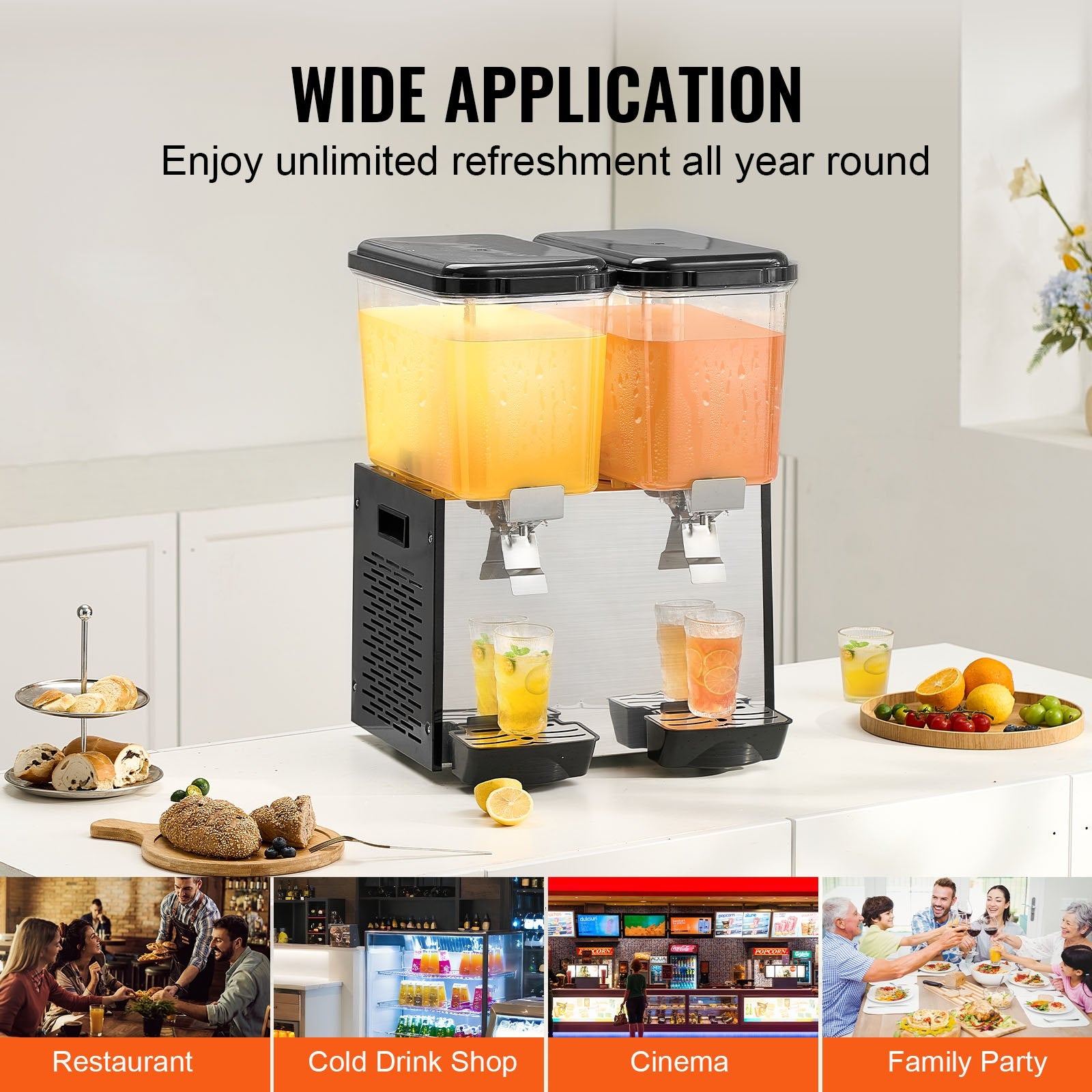Dual-Tank 36L Commercial Beverage Dispenser - Efficient 370W Juice & Ice Tea Machine for Bars, Parties, Restaurants, Stainless Steel Design