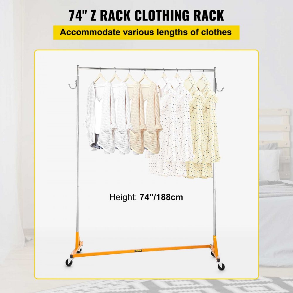 VEVOR Z Rack, Industrial Grade Z Base Garment Rack, Height Adjustable Rolling Z Garment Rack, Sturdy Steel Z Base Clothing Rack w/ Lockable Casters, for Home Clothing Store Display Orange (3 Sets)
