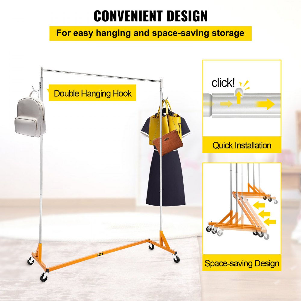 VEVOR Z Rack, Industrial Grade Z Base Garment Rack, Height Adjustable Rolling Z Garment Rack, Sturdy Steel Z Base Clothing Rack w/ Lockable Casters, for Home Clothing Store Display Orange (3 Sets)